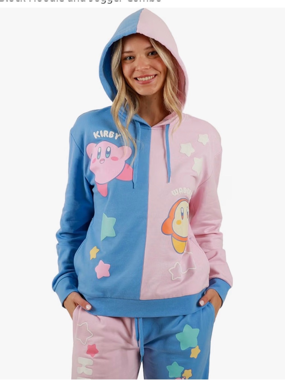 New! Bioworld Kirby and Waddle Dee Pink and Blue Color Block Hoodie